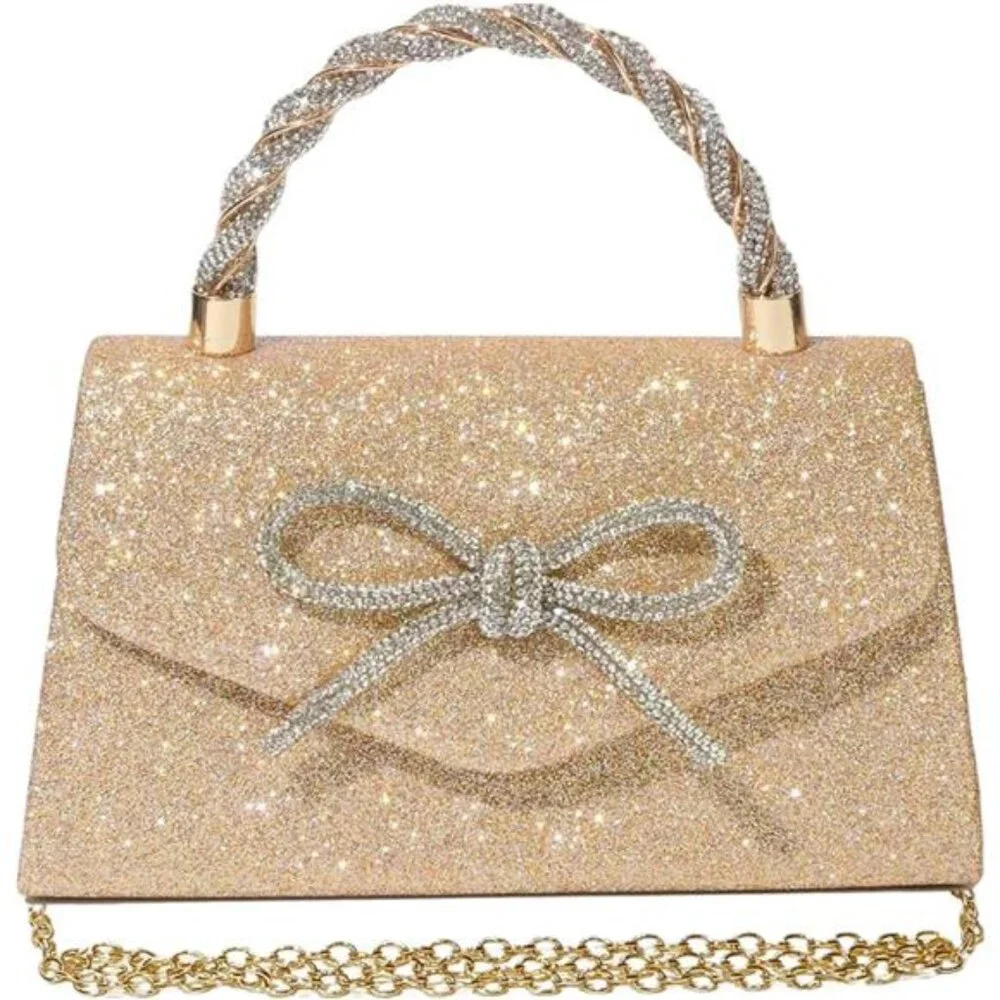 Women Bag Sparkly Bow Clutch Bags Gold - Picture 1 of 6